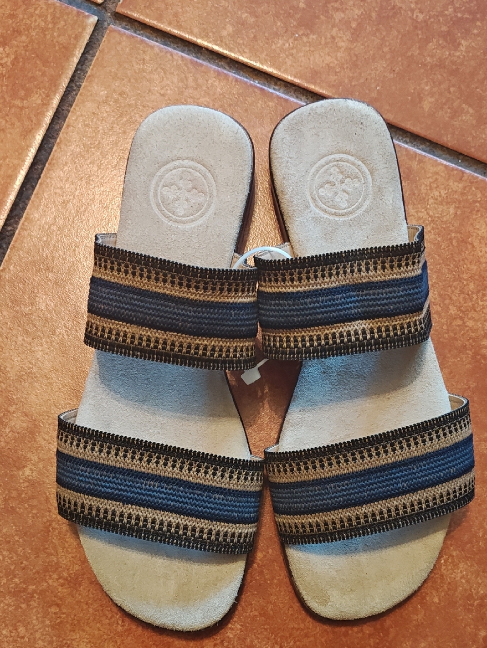 Women’s Majorca Double-Band Slide Sandals in Blue and Tan
